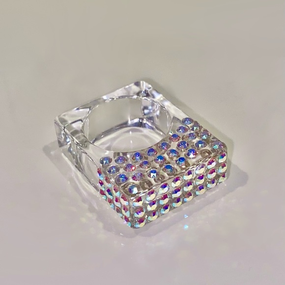 Acrylic Statement Ring• Iridescent Aurora Swarovski Crystals • Geometric Ring - Picture 6 of 15